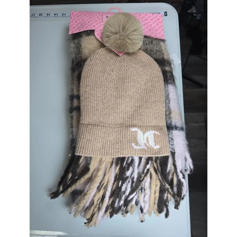 Juicy Couture Knit Beanie & Plaid Scarf Set Beige/Pink Pom Hat